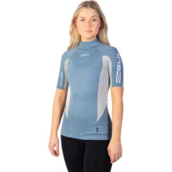 Gul Womens Recore Short Sleeve UV Rashguard -Deep Wetsuit 202320Gul20Womens20Recore20Short20Sleeve20Rashguard20Rg0330 B920Blue20Grey20front201.2000x2000